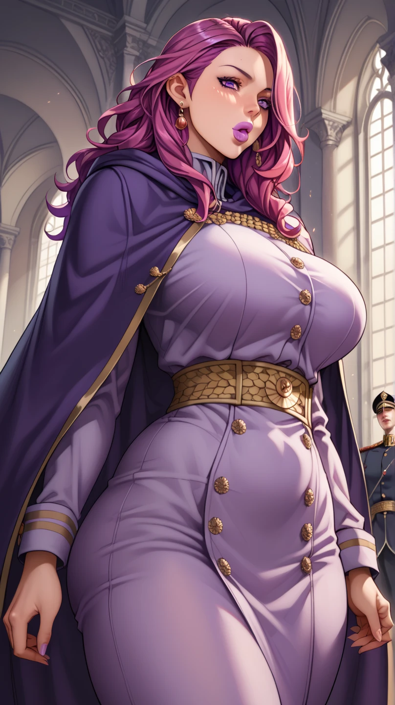 Cornethata_that_Britannia, One girl, Huge_chest, Large scale_chest, purple_eye, (thatpstick:.98), (compensate:.8), Doll Suit, Are standing_in_intention, Salute, full_body_shot, chic, thick_Thighs、High leg leotard、Crotch bite、Bare breasts、Well defined nipples、Nipples are visible、Puffy nipples、Luxurious cloak,Wet crotch、Glare、Very angry face、((tears:1))