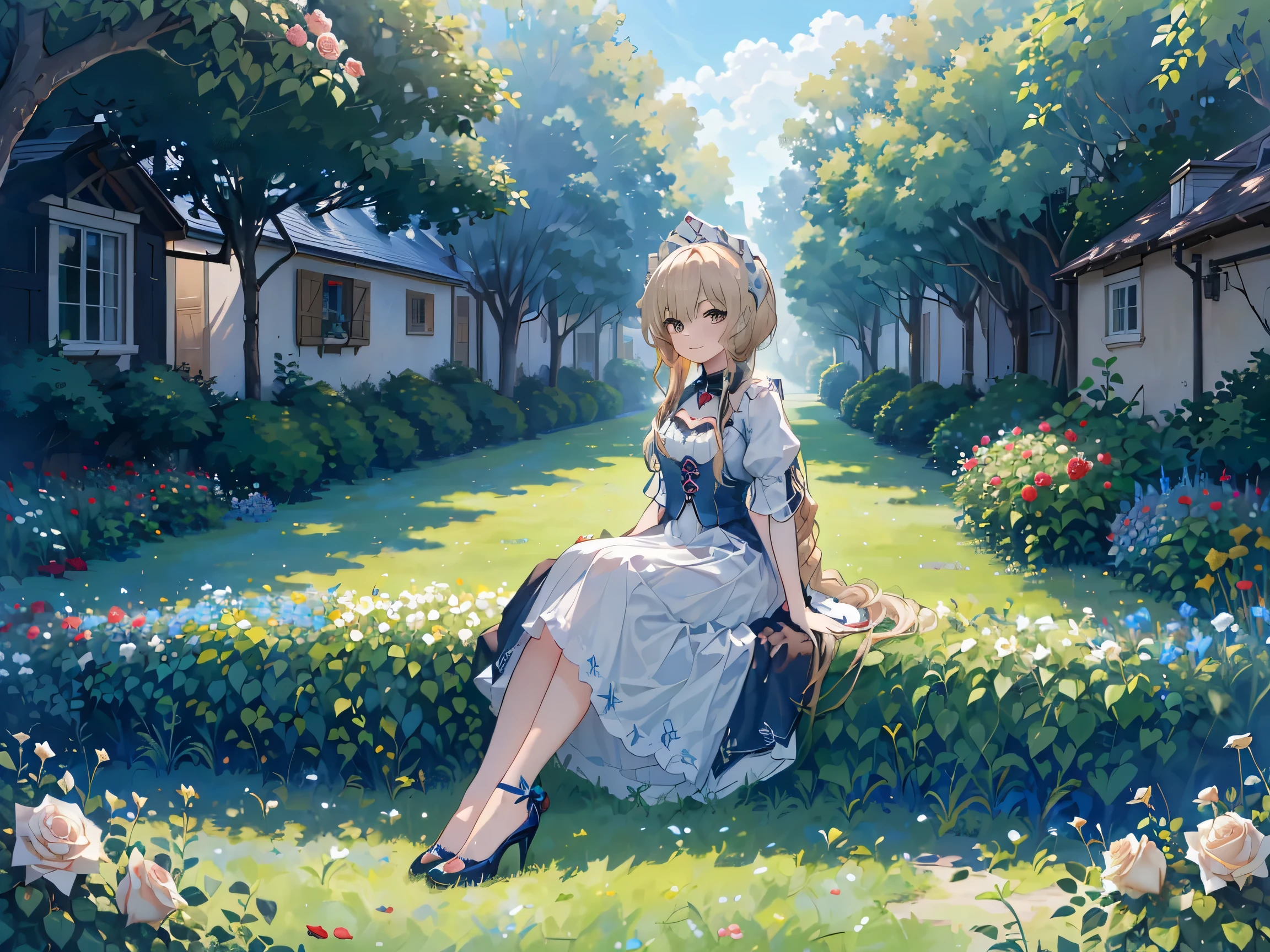 1 girl,Sandrone, (((Long blonde))), (((brown eyes))),a faint smile, has,(((sitting))),Outdoors,(((Clear blue sky))),(((Roses grow on the lawn next to it))),((((Anne hashaway)))),((( reveal calf ))),(((Wear blue high heels))),underwear is slightly visible