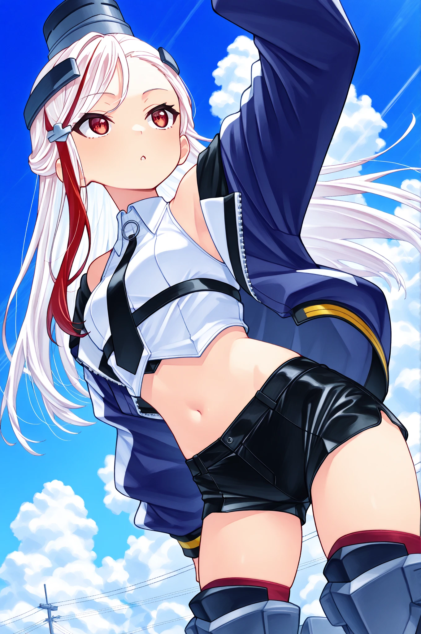 a female protagonist white hair, sky blue eyes, attractive, a mixture of Zenobia (FGO) and Mai Shiranui (Capcom vs SNK) wearing revealing cloths; while wielding futuristic pistol guns