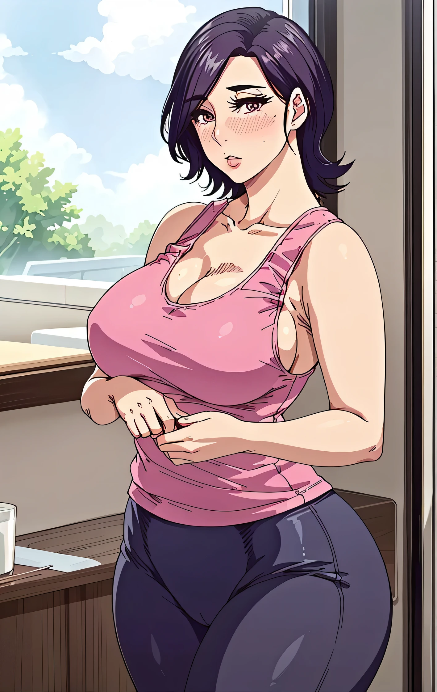 (masterpiece, Highest quality, Semi-realistic:1.3), hope, Mature Woman, (Full Body Shot:1.05), (pink Tank top:1.2), Tank top, Polka dot yoga pants, Tight clothing, One girl, Mature Woman, Curvy, Are standing, Sexy pose, Big Ass, (blush:1.05), short hair, Black Hair, Purple Hair, Exposing shoulders, lips, Cleavage cutout, Huge breasts, Perfect body, Perfect Eyes, Anime Eyes, eye shadow, Perfect Face, (shy:1.1), Rooms in the house, Window Sky, Sharp focus, Professional artwork, Intricate details, Vibrant colors, Vibrant colors, Diffuse lighting, Digital Blending, Super-detailed body, Super detailed hair, Ultra Detail Face, Topics on pixiv,