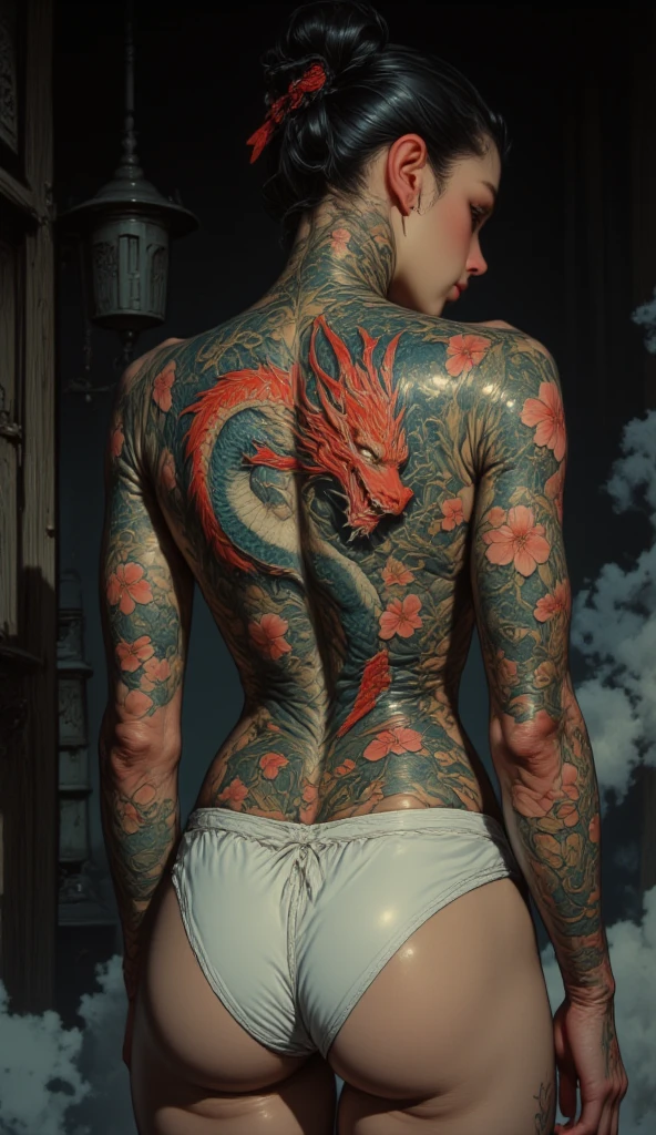 Russian gypsy, naked, yakuza style tattooed on her back with a poppy in the center around two snakes devouring her tail