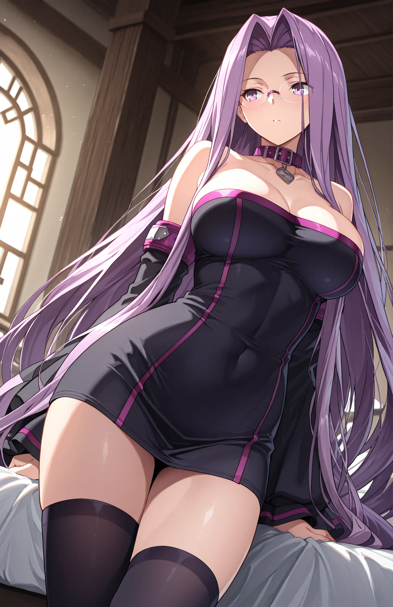 Highest quality、masterpiece、high resolution、8k、(((Spread your legs、Big Breasts)))、Elegant Dresses、Beautiful beauty、Long purple hair、((whole body))、(((Photo taken from below)))、temple、Great Hall、mini skirt、Panties are black lace、Zion、tall、Model-like body、slender、Long limbs、Hairstyle: Ponytail、tall、Big Breasts