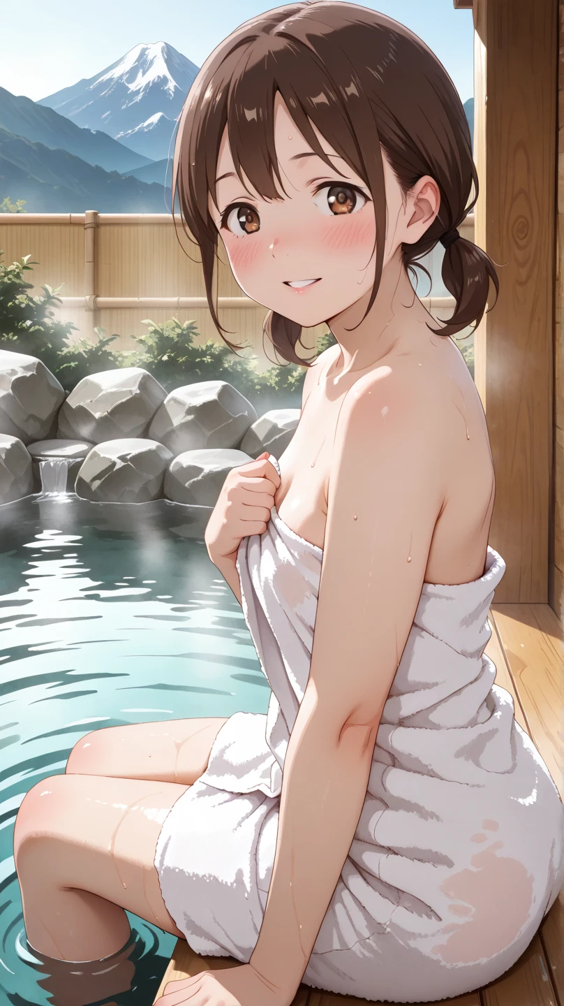 (Masterpiece, highest quality, in 8K, 32K, masterpiece, hehehe, super A high resolution, impressionist, photorealistic: 1.2), (A bright smile), ((completely naked)),((full nude)),(smooth skin),(cowboy shot, detailed face and eyes, ((droopy eyes)), (very young face),beautiful face, blur background, glowing skin,((closed mouth)),((slightly large breasts)),(erect nipples),((clear pussy line)) ,realistic student, beautiful face, blurred background, 18 year old beautiful girl, glowing skin, white scrunchie, side ponytail, black and beautiful hair, thighs thighs thighs, curves, sexy pose, ((dark brown eyes)), I'm in a hurry, very blushing, sweating, Seductive thighs, Soft body, big butt, 20 years old beautiful woman, blushing, black hair with a slight hint of brown, side ponytail, ((white scrunchie)), dark brown eyes, skin wet wit,  onsen,night,moon light,Open-air bath,sitting
