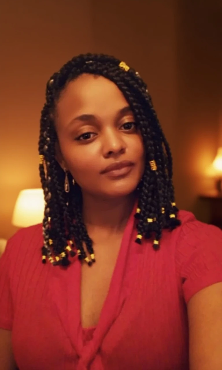 beautiful Malagasy woman from madagascar, hair in braid, photorealistic zazie, afro bun, absurdres, little dress, in front of the fireplace, dark night, cinematic light