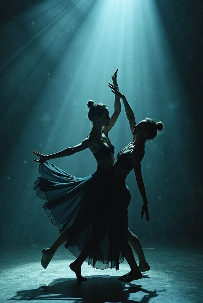 (High contrast blue costume pair of classical padede dancers, Cinematic lighting and atmosphere smoke reflection, blue backlight contrasts with the bright background)