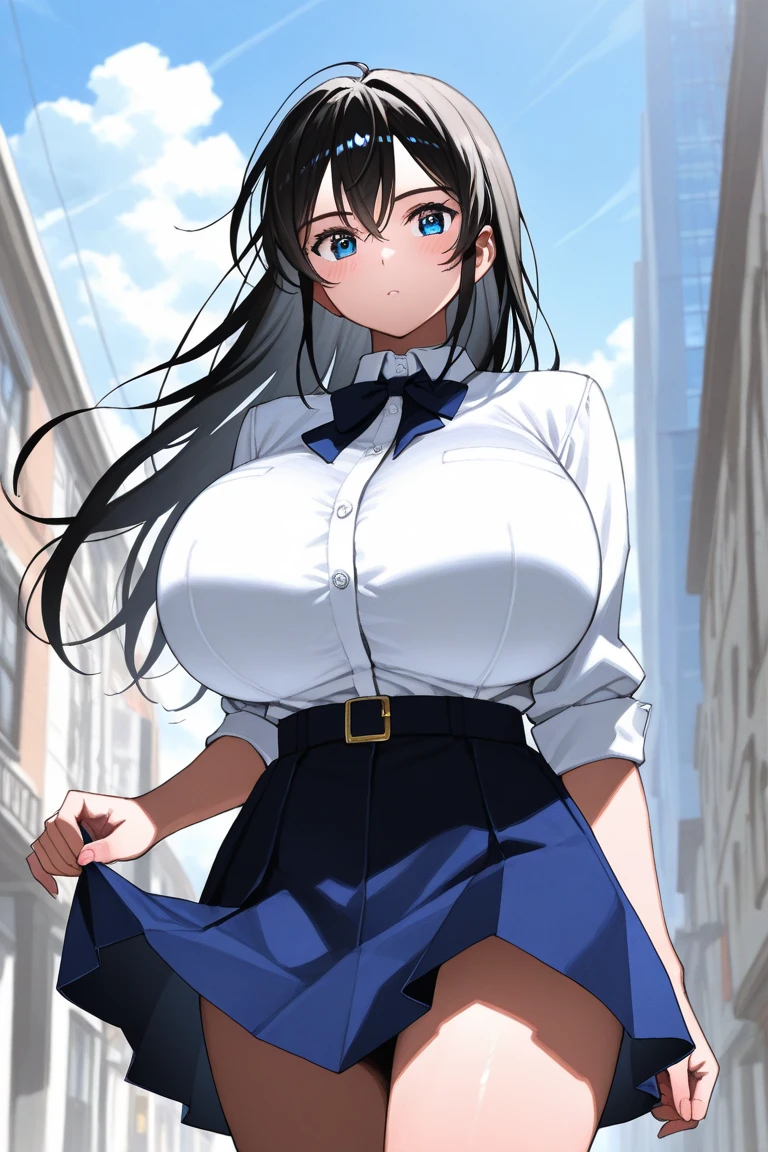 A girl with big breasts shyly rolls up her clothes to show her bra、skirt、shirt