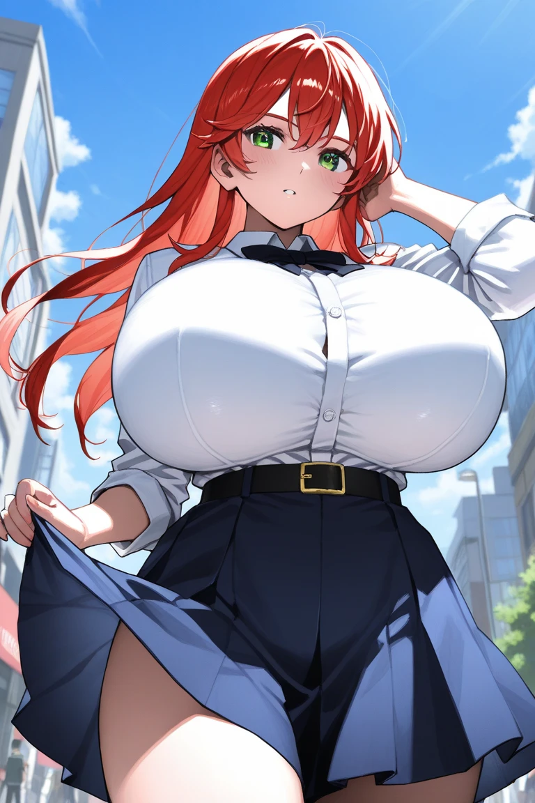 (Perfect body),Highest quality,(8K Portrait),(Official Art)、(((Browsing Caution)))、((:d))、(((blush))),(((Huge breasts)))、((Big Ass))、((Orange Hair),((Long Hair))、((Straight Hair、Asymmetrical bangs、Forehead))、((Blue colored eyes))、(((Thick thighs)))、((White sleeveless shirt、Blue tie、Blue mini skirt、White feather hair ornament))、(((Sweat、vapor)))、(Hands behind head、Underarm)、Daytime in the city