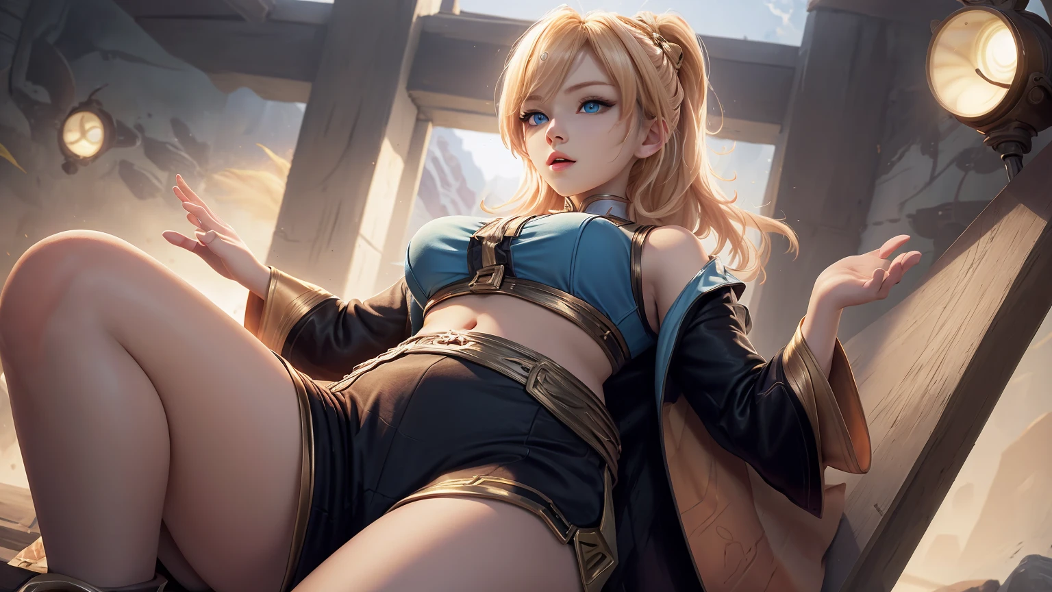 rapunzel, full body leaning side position , open jacket without buttons , Topless, beautiful medium breasts showing , sexy e semi nua, ripped mini skirt with beautiful smile,, hands touching your own breasts, , long hair, surreal, 4K