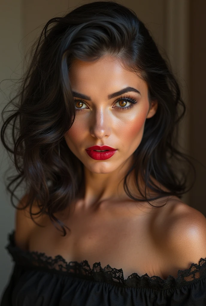 close-up, extreme close-up, close-up portrait, portrait, ultra realistic, photography, long black straight hair in a ponytail, elegant hair, (30 years old, hazel eyes, hourglass figure, perfect fit body, natural big breasts), firtatious look, crimson red lipstick, femme fatale, long eyelashes, cat-eye make-up,