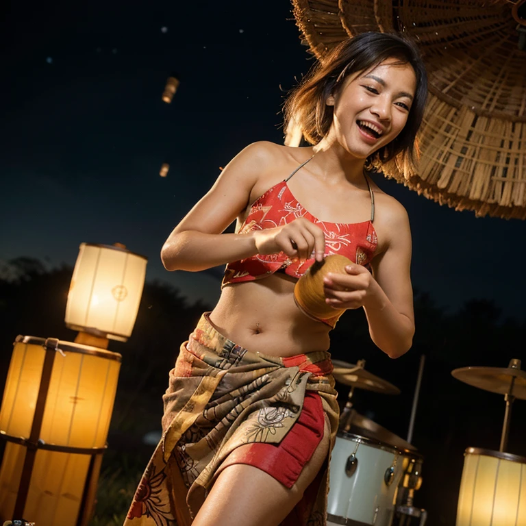(8K, RAW Photos, ultra-quality, ultra-detailed CG with unity 8K Wallpaper, masutepiece:1.2), SIGMA Lens 35mm F10 , Shutter Speed 1/125, ISO 1600,  fish-eye lens、Solo, japanes,Middle-aged woman, 48yo, Gani crotch、Wrinkles around the eyes、No makeup、Put a pink ribbon on your hair、(爆乳:1.5)、Fat and flabby body:1.5、Fat and flabby upper arms:1.5,（Show cleavage:1.5）、Strapless、bra very、(Show panties:1.5), （Show me the perineum:1.5）、Display fat and flabby belly:1.5、Show thick thighs:1.3、（looking at me:1.5）,　(Luster of sweat-soaked skin:1.0)、(hair wet with sweat:1.0)、Old open-air campsite:1.5、mid night:1.5、Big campfire:1.5、Messy garbage:1.2、 Performing a strange dance with torches in both hands:1.5, ((Open legs))、Sexy sweet laugh、Show crotch:1.5、Spread your arms、bend arms
