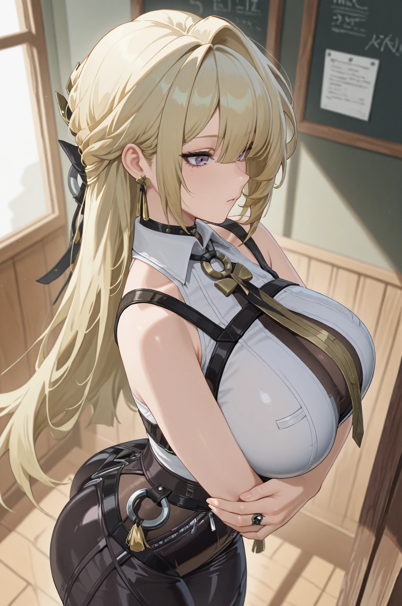 ultra-detailed、highest quality、Highest image quality、master piece、8K、blonde curly hair、(SFW huge body)、(((Rear view)))、cowboy shot、butt、T-back、underwear model