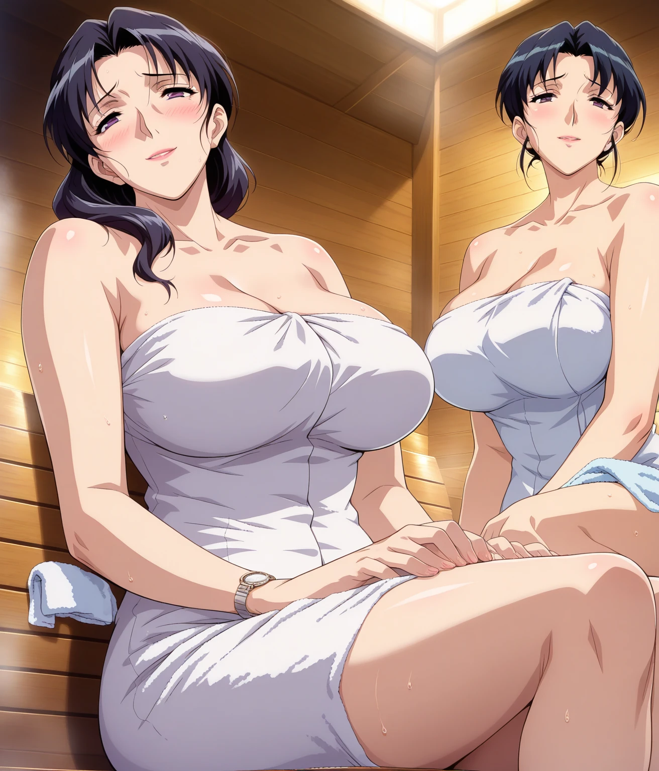 1girl, (mature female, older, huge breasts:1.4), milf, motherly, wide hips, curvy, naked towel, collarbone, lips, HDR, big ass, realistic, hyper detail,very precise detailed,ultra high resolution,extremely detailed CG unity 8k wallpaper,(Realistic,Photorealsitic,hyper realisitic:1.5), girls only, dynamic lighting, ((bold imaginative poses)), (Glossy skin:1.5), masterpiece, highest quality, disorganized, Audience,(Wearing a bath towel:1.4), (purple hair 1.4),((beautiful, fine eyes:1.3)),(wet clothes:1.4), thin, High resolution, sharp focus, Depth of the bounds written, eye for detail, clear eyes, ((Aesthetic Anime Eyes:1.4)), outdoors, sunrise sky,Open-air bath at a long-established hot spring inn,(Wearing a bath towel:1.4)