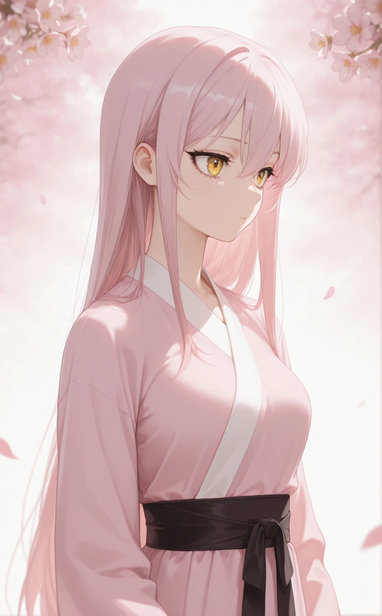 masterpiece, newest, Best Resolution, HD Quality, good lighting, safe. beautiful, adult, anime, good anatomy, .  Pale pink hair , Hair below the shoulders. Golden-yellow eyes, dark eyelashes, piel clara, slim build, Medium Breasts Size D. She is 24 years old, measures 1'65 cm. looking at the spectator, Alone, Spring background, flowers and petals. wearing clothes: Hanfu traditional .