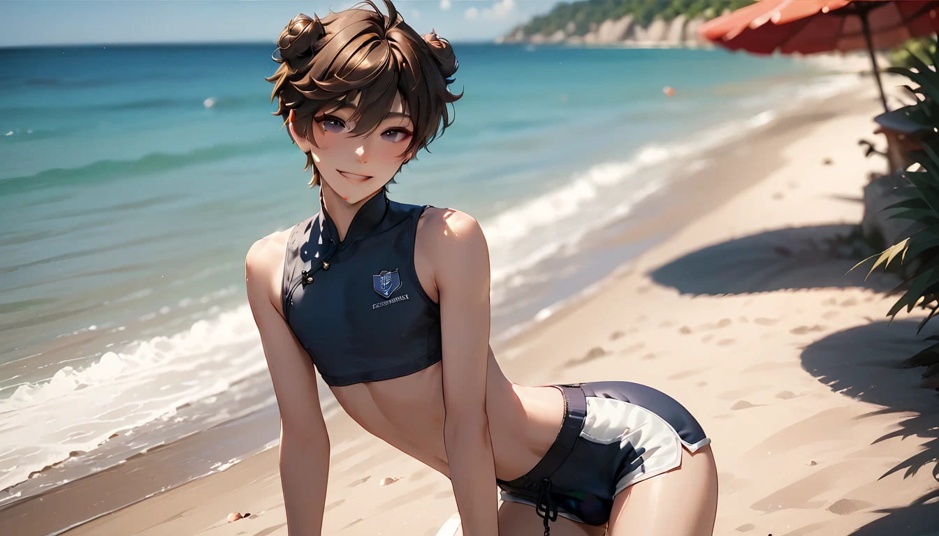 (masterpiece:1.2) , (best quality:1.2) , (ultra-detailed:1.2), 2.5D,extremely detailed,anime,girl,dark brown hair,Medium hair,BREAK,blue eyes,BREAK,bikini  armor,smile,action,lance,ass focus