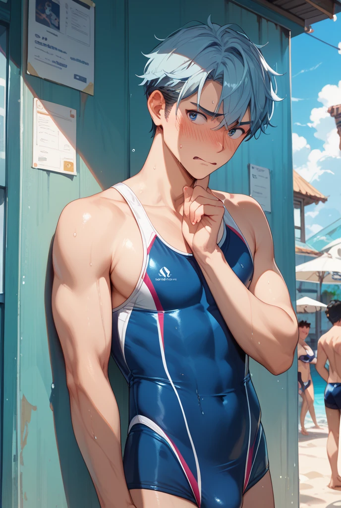 (((masterpiece、Highest image quality、highest quality、highly detailed unity 8kwallpaper)))、((Illustration of one girl))、(((light blue hair、short hair)))、red eyes、(((tall、stocky build, thickset physique, muscular legs, broad shoulders, solid chest、Armpit)))、swimsuit、Poolside