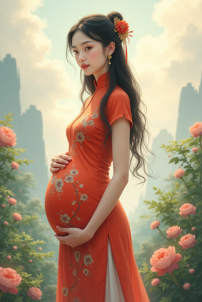 (masterpiece, top quality, best quality, official art, beautiful and aesthetic:1.2), (1girl:1.3), extremely detailed,(fractal art:1.1),(colorful:1.1)(flowers:1.3),highest detailed,(zentangle:1.2), (dynamic pose), (abstract background:1.3), (chinese dress:1.2), (shiny skin), (many colors:1.4), ,(earrings:1.4), big pregnant belly, pregnant 10 months, huge breasts.