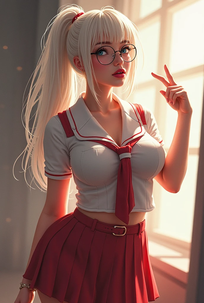 masterpiece, absurdres, best quality ,intricate details ,Don't look at view , (shiny skin, shiny body, shiny oily luster skin, shiny hair, pale skintone), autopsy room , European, 1girl, long blonde hair , ponytail hair , eyeglasses , red eyes , red lips , White shirt, Some blood on the shirt , Red tie , Black pants , black gloves ,curved body