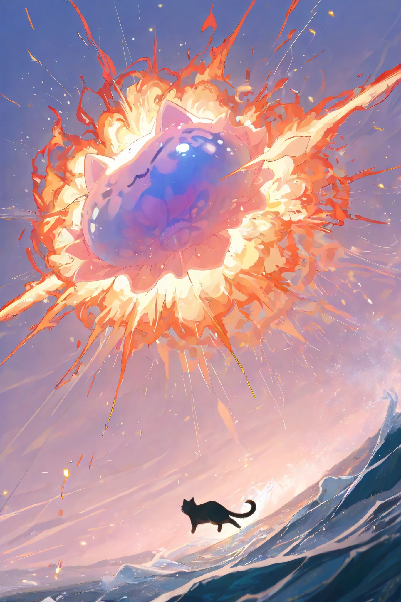 masterpiece, best quality,1 cat,jellyfish mix
,best quality,heroic pose,dynamic angle,dynamic sky background,with epic effect, high angle shot,like CCTV footage, outward flow of magic or particles, dynamic spread from core,fire visual explosion of wave ,water waves expanding from a central point, face clearly visible, character illuminated from within,