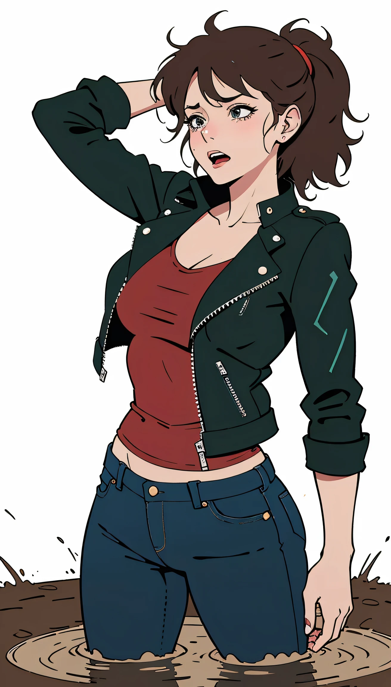 1980s illustration, vector simple image, erotic cowgirl, fetishistic atmosphere,woman drowning in mud bog , rough denim dirty jeans and leather faded biker jacket,covered in mud,posing in expression of despair, blouse, red green blue, white background