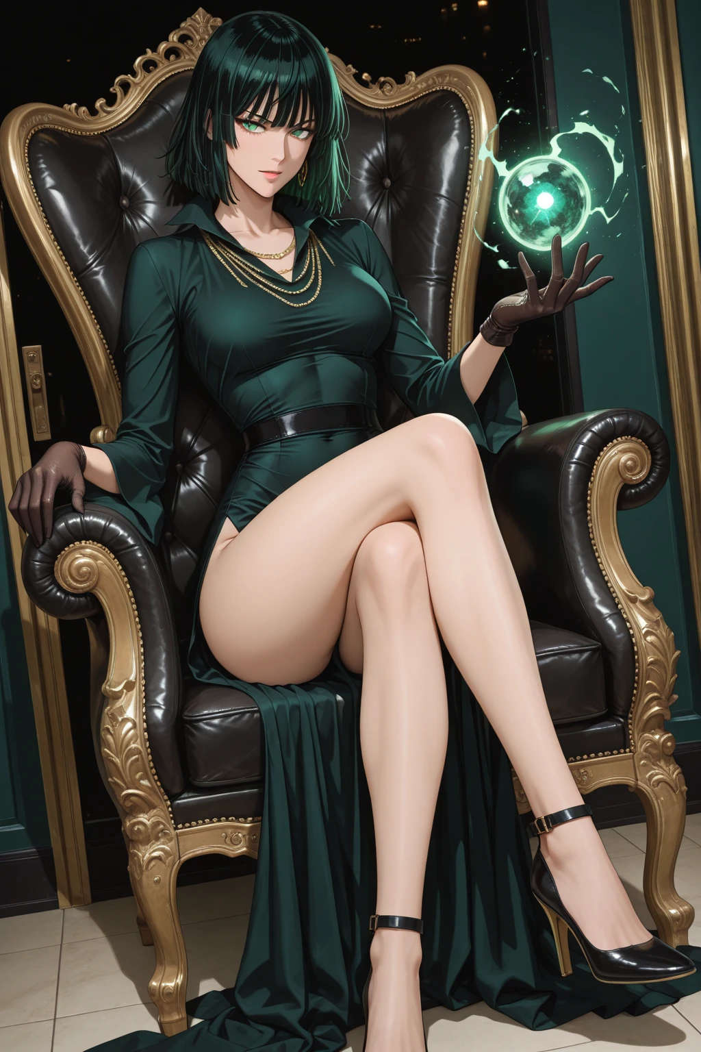 (Masterpiece, Best Quality:1.2), solo, 1girl, tatsumaki,(slickback hair),super long hair,unamused, closed mouth, looking a viewer, hand on our face, sitting, She wore Dunhuang flying clothes,big thighs