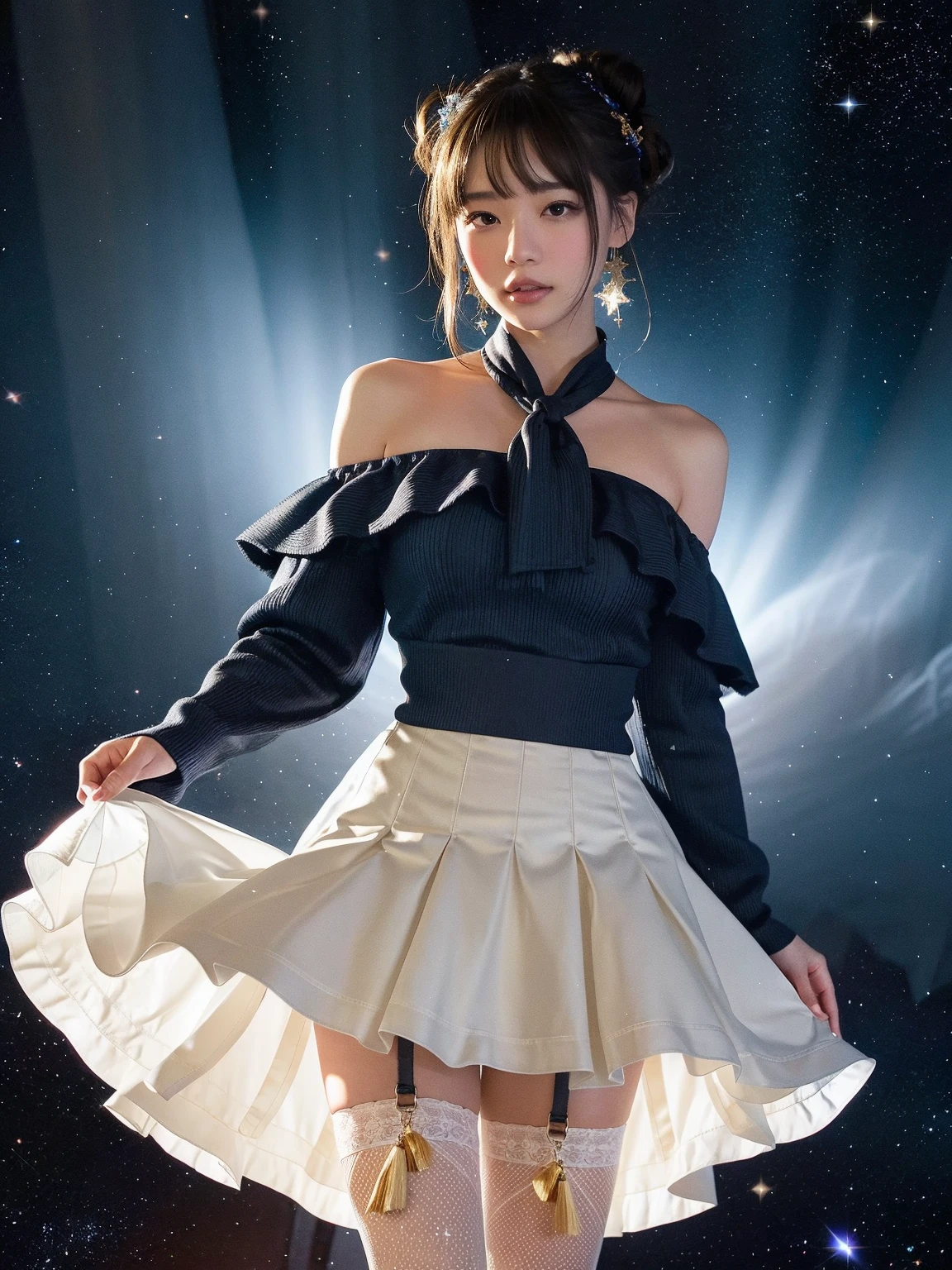 One woman、、28 years old、、Idol、、((whole body))、、、Stylish、、Cute face、、、Stand on the concert stage、、、ponytail、RED pink Hair、、、(Big Breasts)、Pose like an idol、、(full BODY)、、(full shot)、、Twin tails、、、(whole body)、、、White blouse、、、White blouse、、、((Checkered Skirt))、、、(mini skirt)