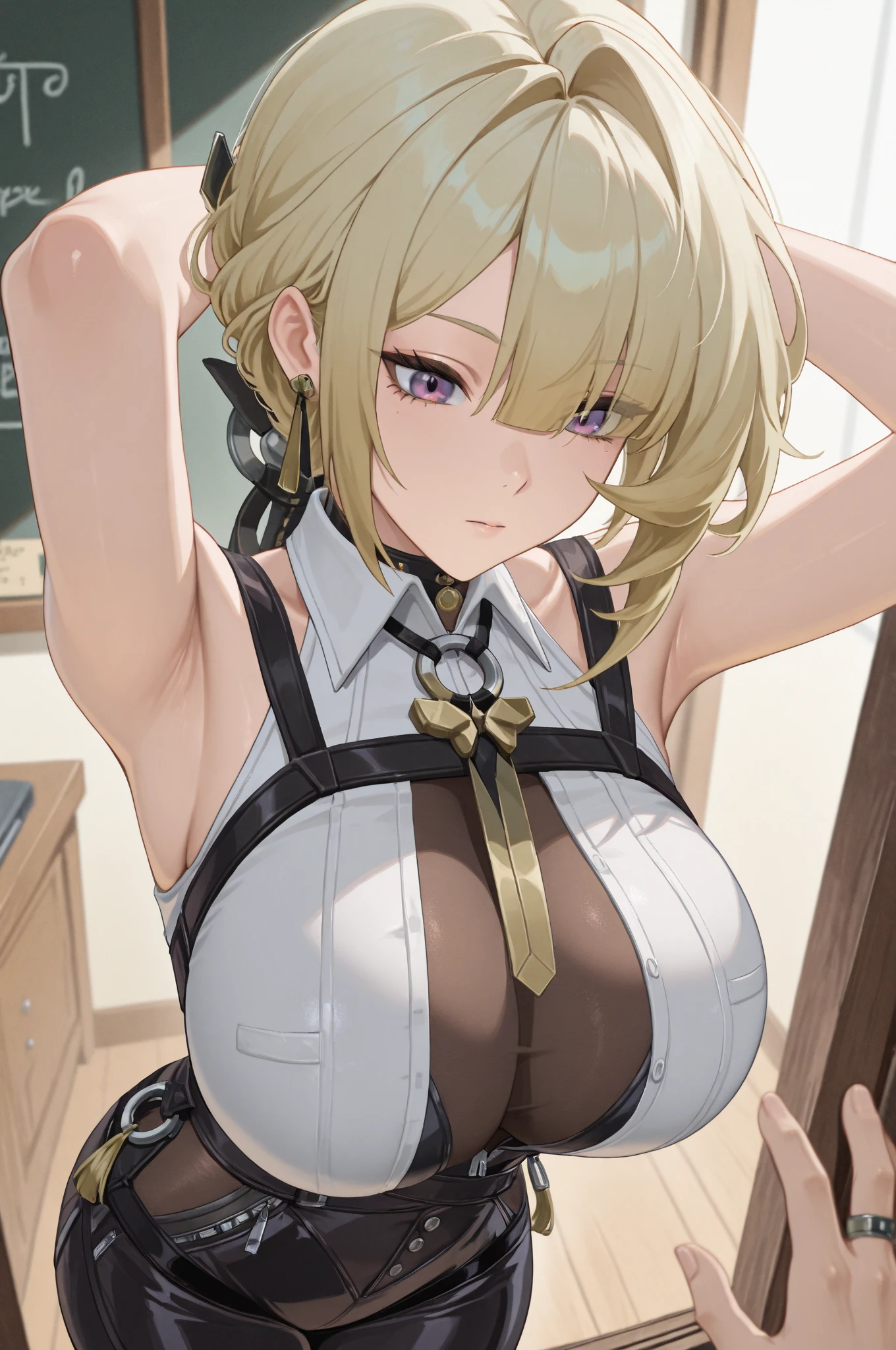Tabletop, highest quality,figure, wallpaper, Super detailed, Absurd beauty、(night、Dark Room)、((1 beautiful girl、16 years old))、Black Lingerie、(Blonde、Medium Hair、Wavy Hair、Very large breasts)、Shyness