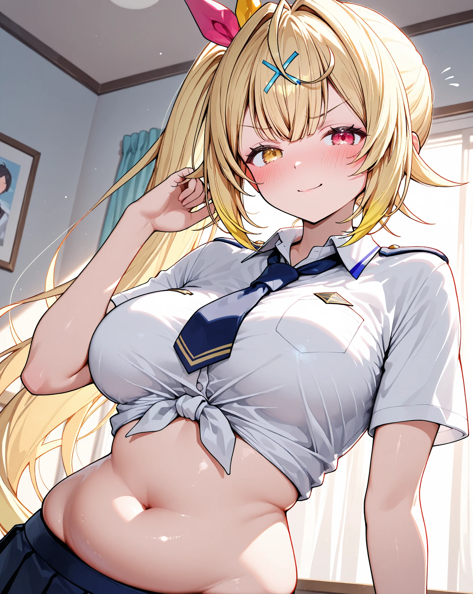 Masterpiece, blonde, long hair, nightclub, university of Thailand uniform, belly, black skirt, pleated skirt, collar, nsfw
