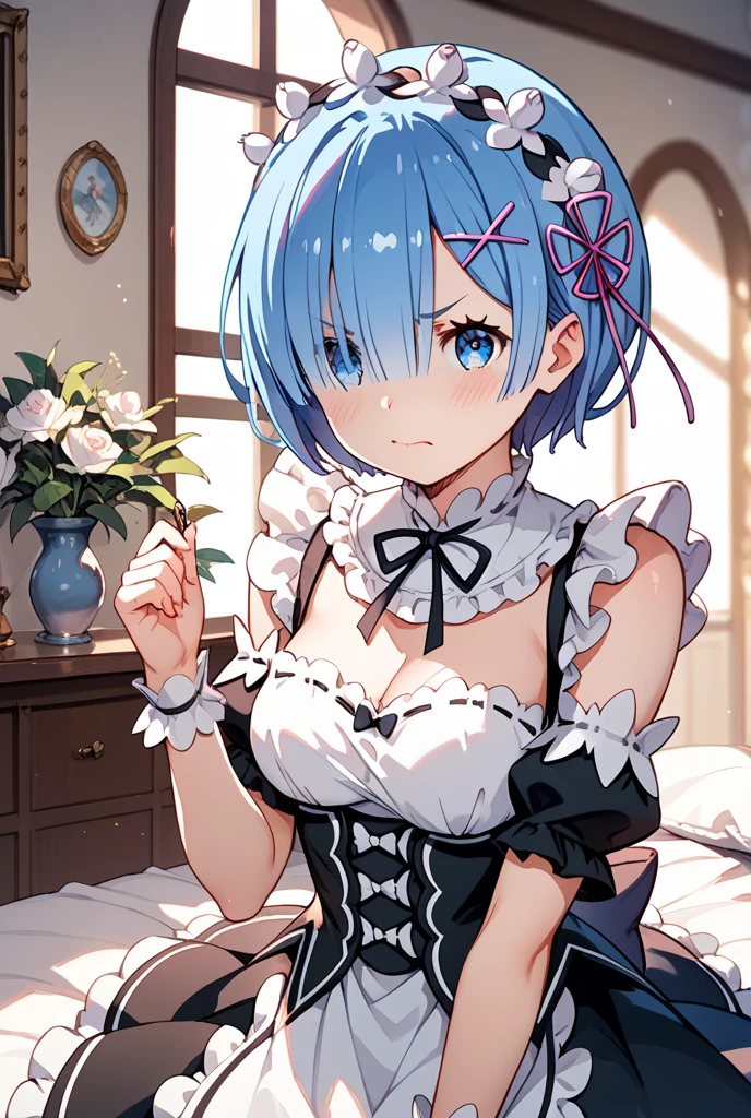 highres, sharp focus, pixiv masterpiece, ((intricate details)), highly detailed, upper body, 1girl, rem_re_zero, blue hair, short hair, maid uniform, hair ornament, cleavage, maid headdress, detached sleeves, ribbon,
