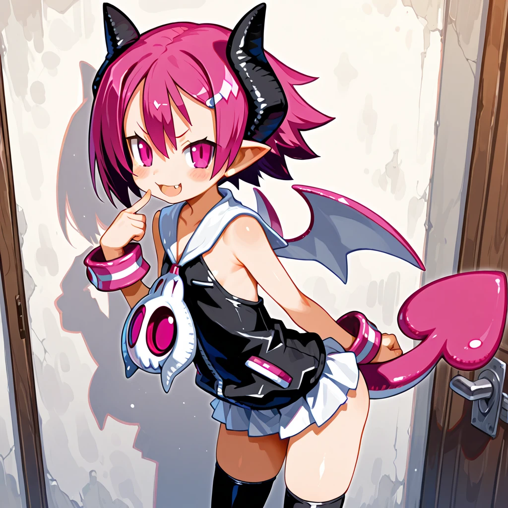 (masterpiece,best quality,ultra-detailed), an anime girl who is 7 years old, playful and sweet succubus. She has candy pink m-shaped bangs short hair with twin ponytails, ruby round eyes, fruit bat ears and wings, wearing an attire, standing and smile playful, look at viewer