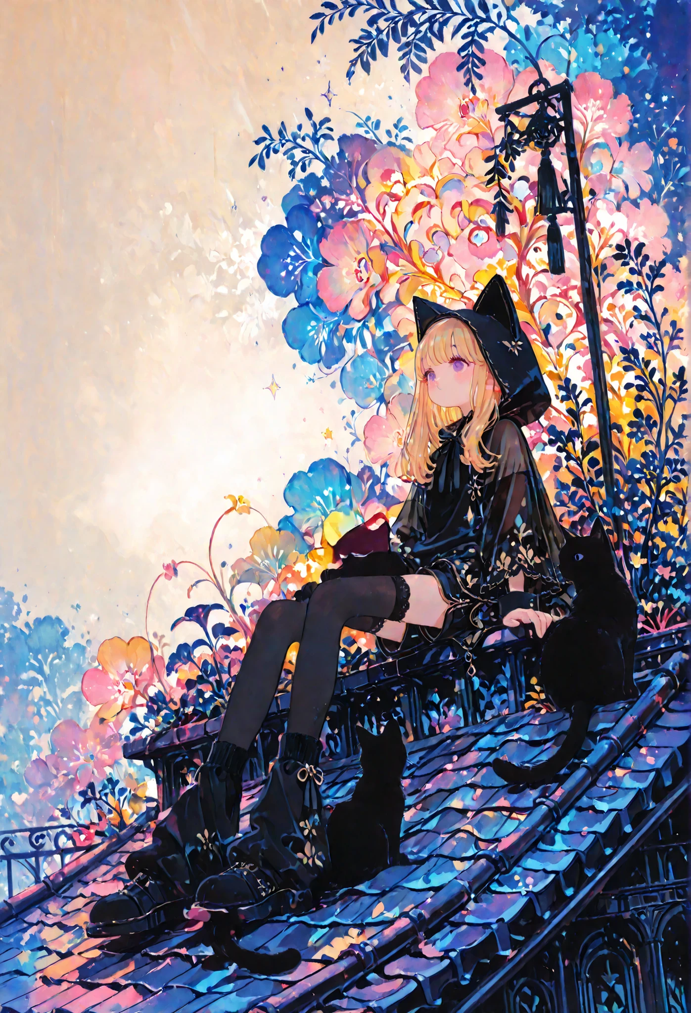 Line Art, watercolor,  soft touch, colorful, deform, Background subject, fantasy taken with a Nikon Z7 II mirrorless camera, Cute Theme, full body, (very wide shot:1.2), back shot, Facing, On the roof, sitting,

1 girl, solo, Blonde, long hair, Translucent hair, Black Fur Fabric Cat Outfit, Black Cat Hood, food up, Black High Cut Shorts,  black wrist cuffs , Black Leg Warmers, High Thigh with Black Lace Trim, Playful Cute Style, 

masterpiece, Super Detailed Skin, (Detailed Beautiful Faces and Eyes:1.5), very detailed background, exquisitely designed clothes, Delicately Embroidered Clothes, Super Detailed Skin, 