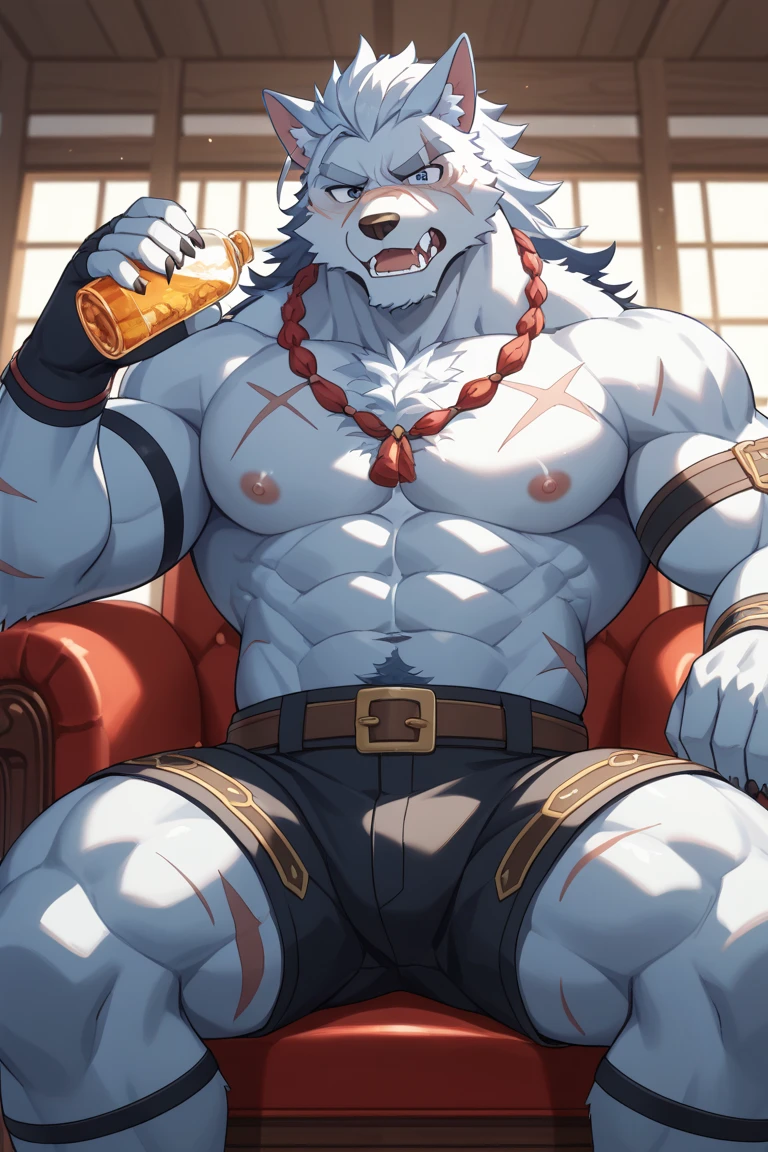 A hairy Minotaur in a bar working as a bartender behind the counter posing victoriously. The Minotaur's body is large and hairy brown that shines in candlelight. His fat, muscular body invites you to want to embrace him. The Minotaur displays his large pecs and erect nipples. The Minotaur wears golden horseshoe-shaped piercings on his nipples. He wears a thong with a bulge in the crotch and wears boots. He has chains around his neck. He has tattoos on his right arm, The Minotaur sports a mohawk and has a thick black beard, just, full of lust and malice showing her black tongue and sharp teeth drooling masturbating sitting with her thighs open looking in a way that seems defiant, Intimidating Executioner, Shameless, luxurious and seductive, (part of penile heresion, head appearing and becoming thick and hard so that his balls demonstrate satisfaction and relief with greater, bottom balls)), (there is another pumped humanoid demon, but he has white skin, beyond the mouth, penetration between the groin, sucking the heresy on the penis, gay oral sex, oral harassment, looking satisfied, gaping mouth, gasping, tongue out) they covered his penis with their mouth