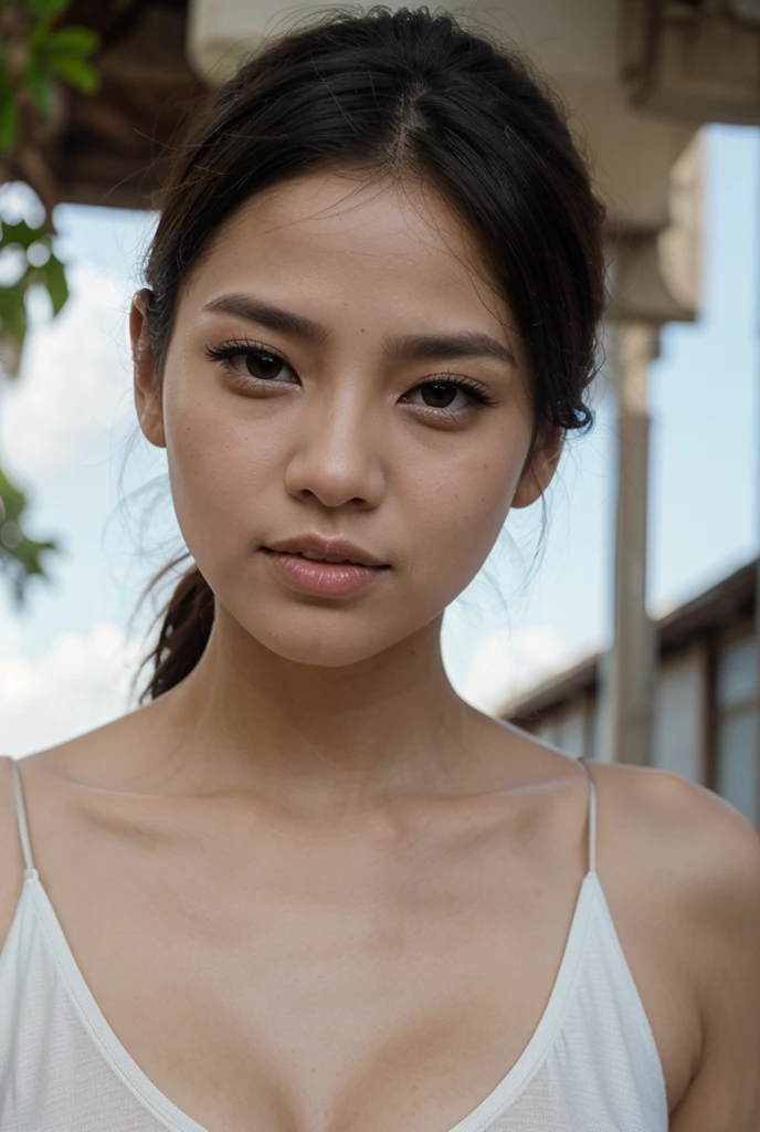 beautiful thai girl, with long dark brown hair, wearing white tank top, realistic, facing forward, half body photography, outside, smile