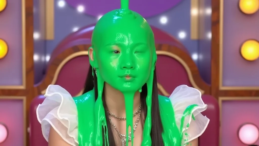 Green girl body and avocado head on a theater stage