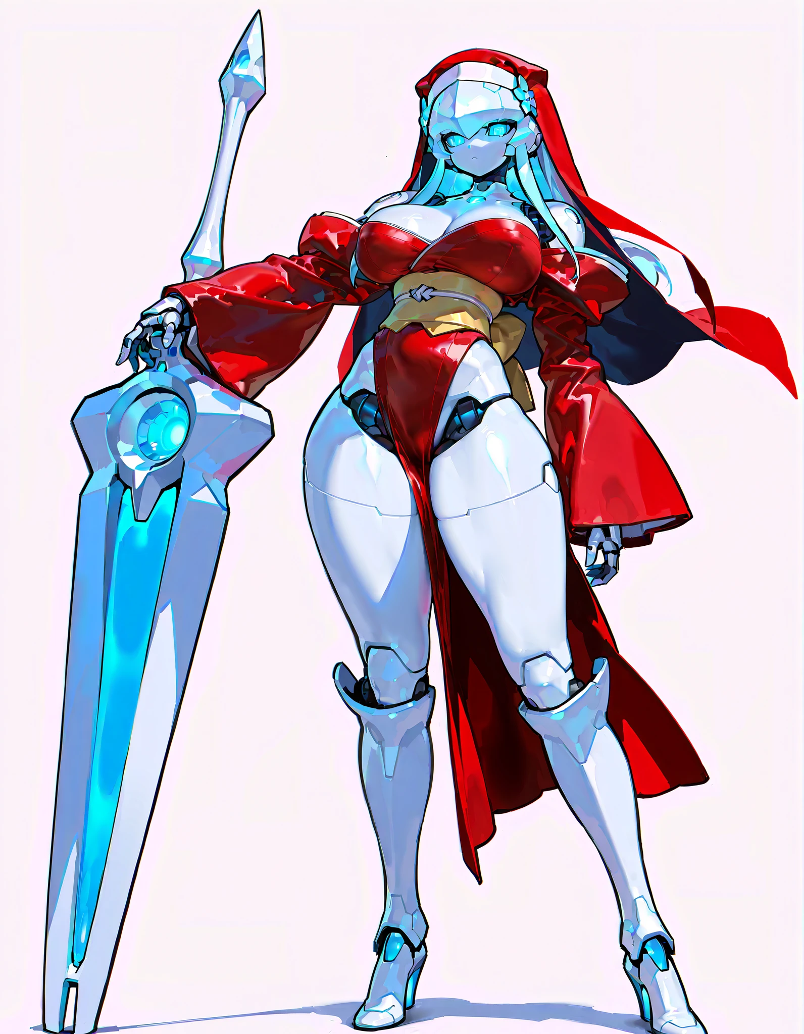 (((masterpiece))), (((Best Quality))), ((Ultra-detailed)), ((extremely delicate and beautiful)),solo, Full body, (phyrexian robotic female)(phyrexian android female) (mechanical undead lady) skin replaced with iron, (pale gold hair and glowing ultra-blue eyes) (red Japanese nun's habit)(red kimono) (raise up huge obelisk-head long lance)(high-heeled boots), very confident,(breast enlargement)(thick legs)(muscular)(Character Focus),highly detailed, Colorful, highest details, very massive, full body standing, Whole body, (((white background)))