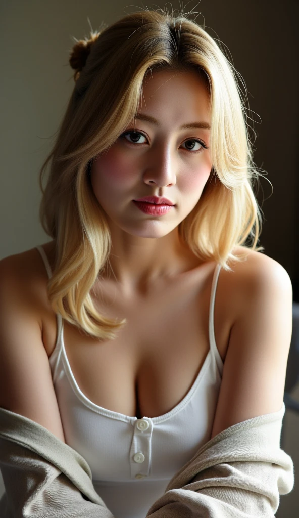 Upper body, mature woman, elegant, blonde hair, long hair, bangs, casual clothes, cleavage, 4k resolution, high quality, view from below, low angle 