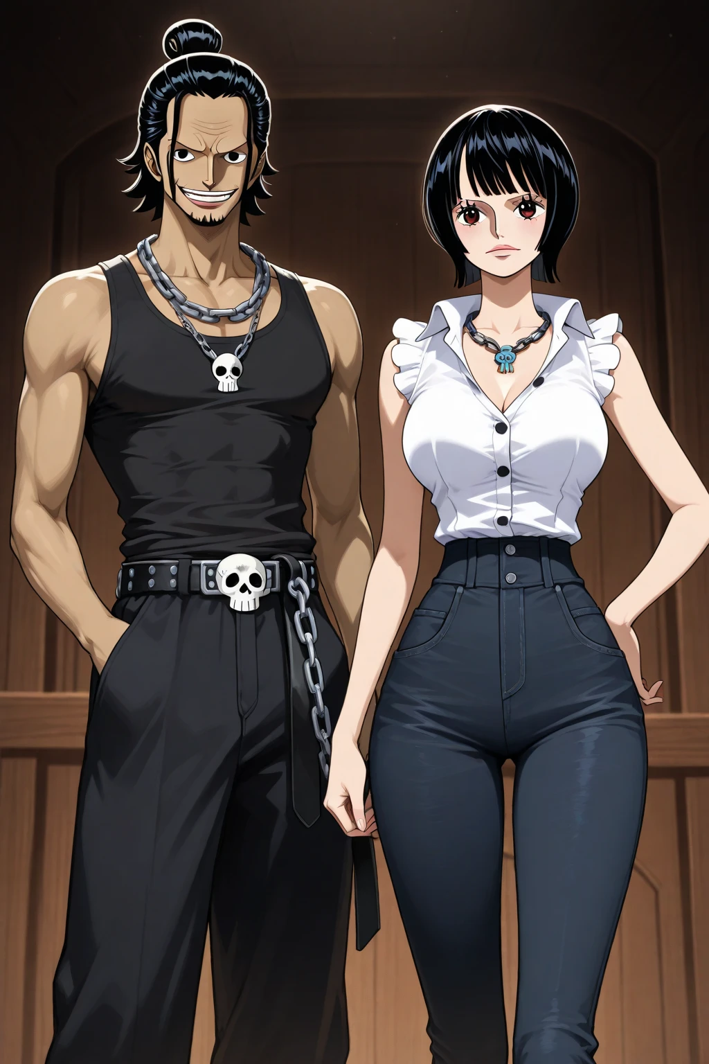 melhor qualidade, mulher de olhos vermelhos sentada, Posar, Man King of the Pirates com uma tatuagem de dragão, espadachim usando duas katanas, lado a lado, rindo, felizes, bonitos, pose para foto, sentados nico robin e luffy duas pessoas, um homem e uma mulher