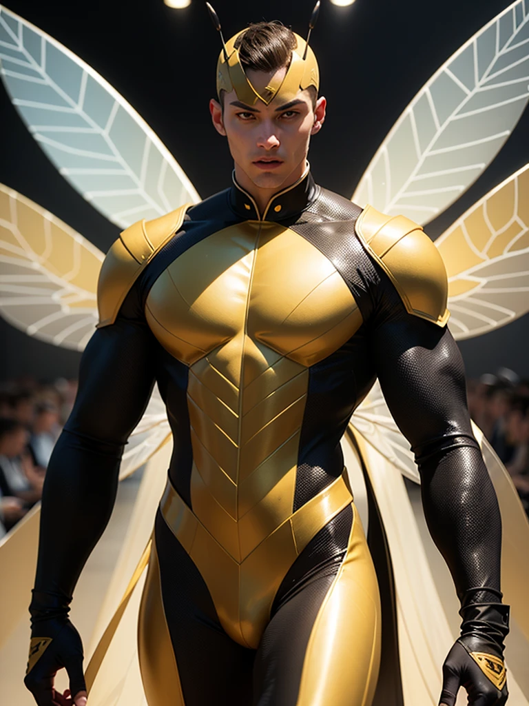 (8K, RAW photos, Highest quality) masterpiece, 1 male, 18 years old, bee man, black hair, good body, black and yellow mottled skin. Body covered in honey. has bee antennae on the head ((real) , has bee wings. ,Asian muscular man,, outlines his big, muscular breasts, sexy six pack. Naked ((genitals covered with yellow scarf)), lying in a honeycomb. full body view.