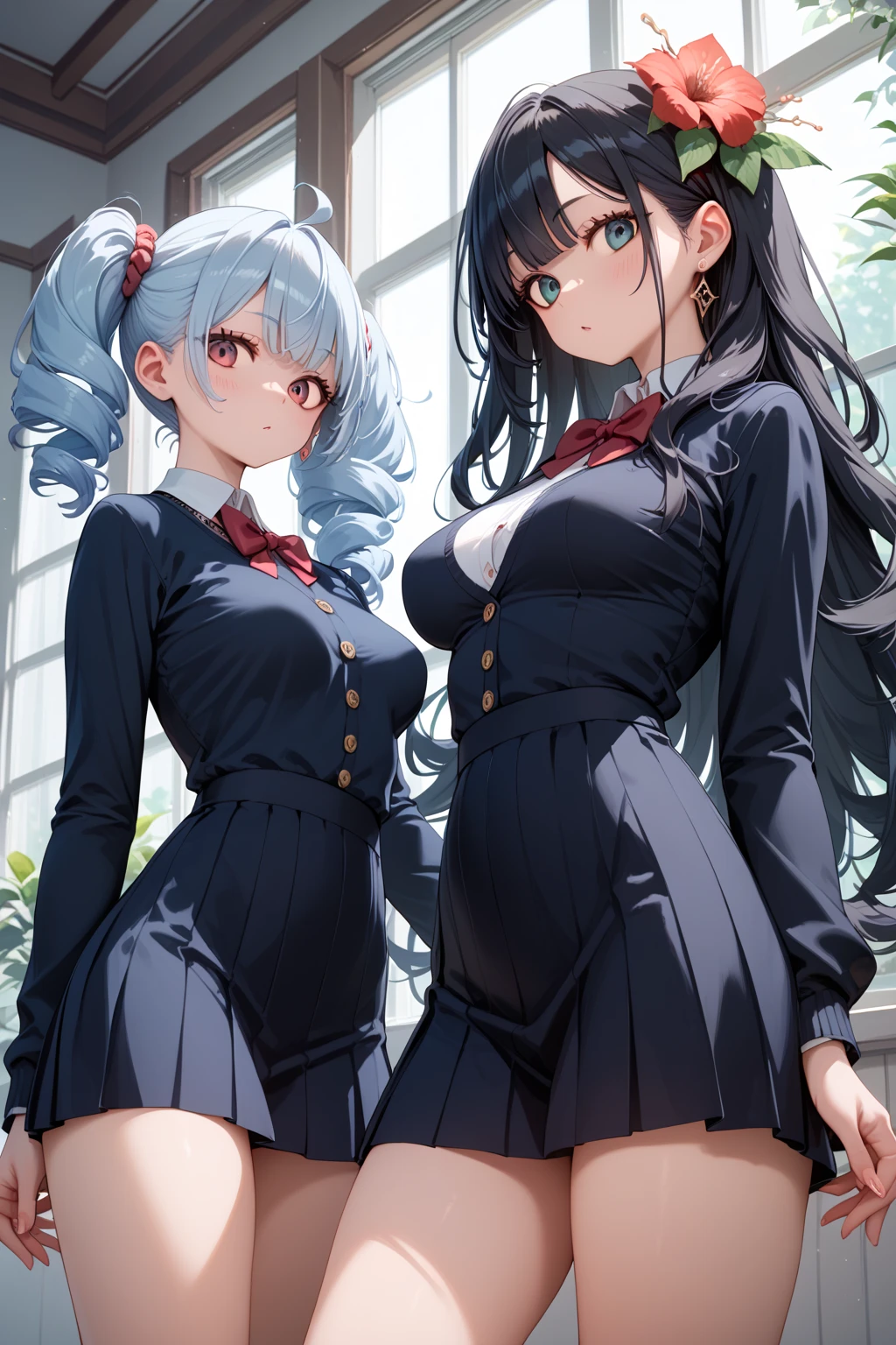 Kaguya Tsukina、high resolution、Virtual YouTuber、A girl、, Red knee-length socks, Double tail, blue eyes, Hair accessories, sash, cleveage、sleeveless、hairpin、Gray hair、Black clothes、Red belt、Huge Breasts,Pregnant
