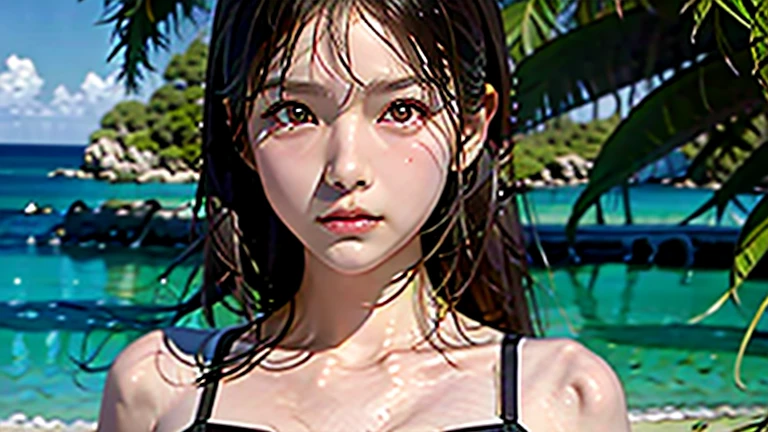 Hinata from naruto, realistic, age 25, pure white skin, white eyes, black long bangs, hair, perfect face, perfect shape body, large breasts, purple clothes covered upper body, 3d, walk pose to viewer, beach hut and swimming pool background.