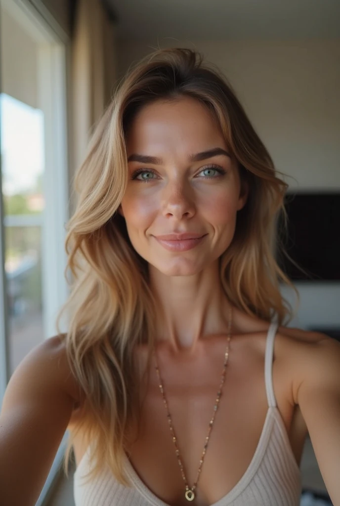 A captivating Caucasian woman with a radiant complexion and natural smile, aged 40. she has a few wrinkles and brown eyes. she's blonde, her cropped hair framing her heart-shaped face. Her symmetrical eyes sparkle with warmth. she has large breasts. Soft ambient lighting accentuates the texture of her flawless skin, reminiscent of Sandra Bullock's porcelain doll features. She stands naked in a large bed.