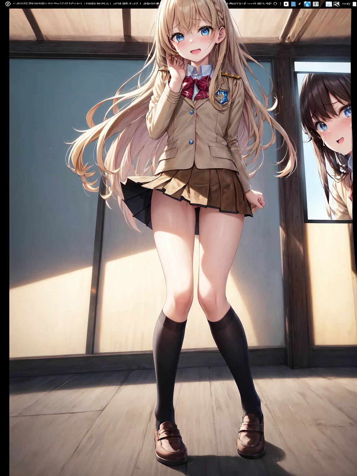 extremely detailed CG unity 8k wallpaper, best quality, ultra-detailed, masterpiece, realistic, photo realistic, extremely detailed cute girl, 20years old, (((skirt lift by myself))), (lifted by self), panties , panties focus, blush, parted lips, looking at viewer , half body shot , (crowd), (crowded parking lot) , hair over one eye