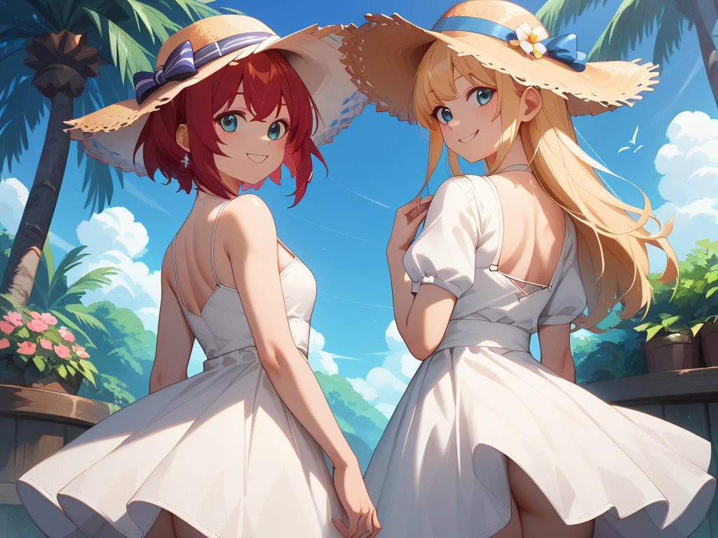 A full body portrait of two 2 girls lesbians. a red-haired girl with green eyes and a blonde with blue eyes. lying on a beach, in a magical film. The beach is a fantastical place with gentle waves, lush greenery. The girl is cute slim nice, nude, spread legs and dildo insert in ass, standing, jumping, perfect small pussy, pink pussy, wet creamy pussy. Puffy nipples, Her hair is loosely braided, cute face smile orgasm expression. tanned, back, round ass, The sky features soft, pastel colors and fluffy clouds, creating a serene, dreamlike atmosphere. The overall effect is enchanting, filled with magic and wonder. lesbians