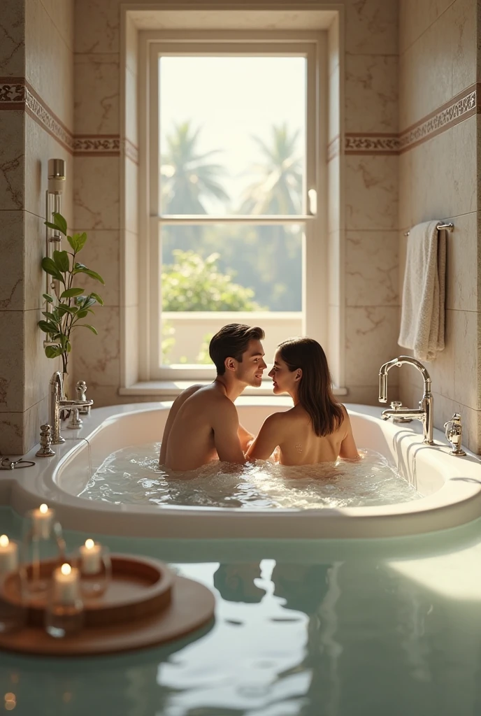 Two naked couple kissing，big Bathtub，Raised sexy , smiling at each other, full body shot