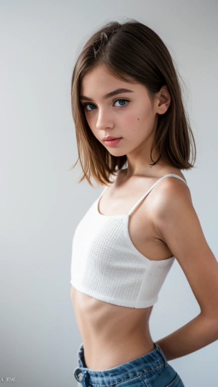 (Cute teen glamour model), close up, face focus, natural light, tomboy, skinny, thin, slim, lean, slender, nubile, posing for picture, very short hair, blonde hair, pale white skin, blueeyes, natural lighting, thin waist, armpits, fat lower lip, huge bimbo lips, (thick lips), young, youthful, teen, teenager, grey background,