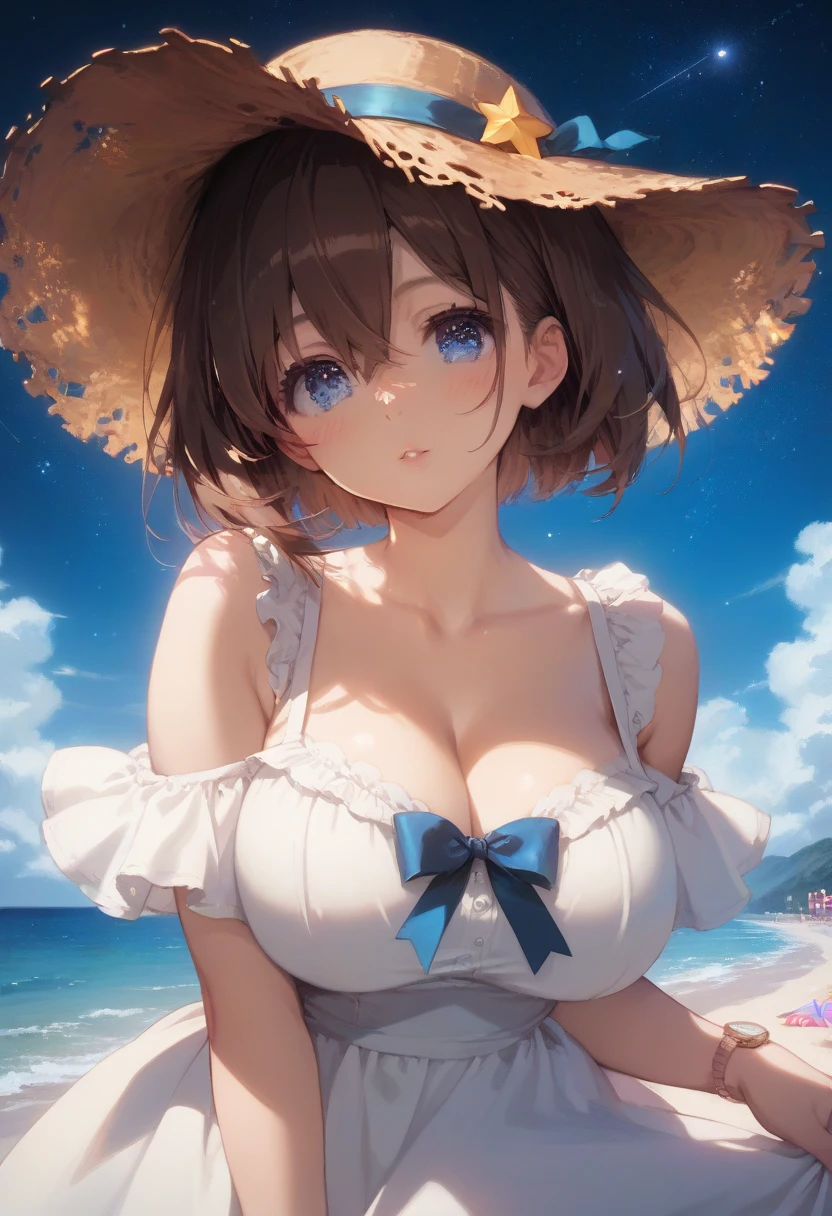 ​masterpiece、Massive landscape（（Mysterious Sea、sand beach））、a beauty girl、huge tit、Brown hair short hair、Embroidery on one piece 、hair adornments