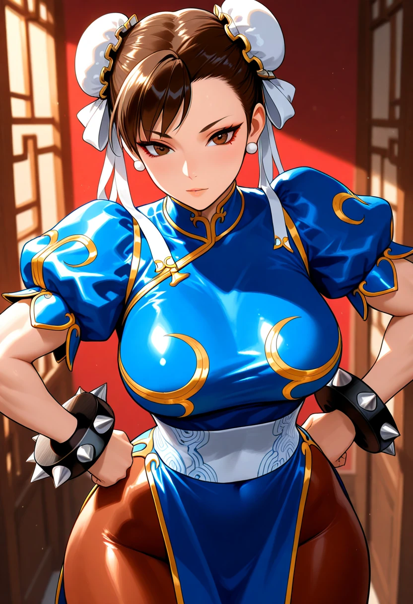 Chun Li, 40_years_viejo, Mujer de aspecto maduro, mqmf, (1 chica), Solo:1.4, (in a blue and gviejo qipao_bordado posando para una foto, escote, Brown leggings, taparrabo) retrato de Chun-Li, (Brown_ojos, corto_cabello, Brown_cabello, Doble_bien), oppai, proporciones de oppai, Anime hiperrealista, diosa japonesa, muy detallado, Grande_senos, escote, nipple contour, piel brillante, Cuerpo perfecto, cara perfecta, figura completa hiperrealista
