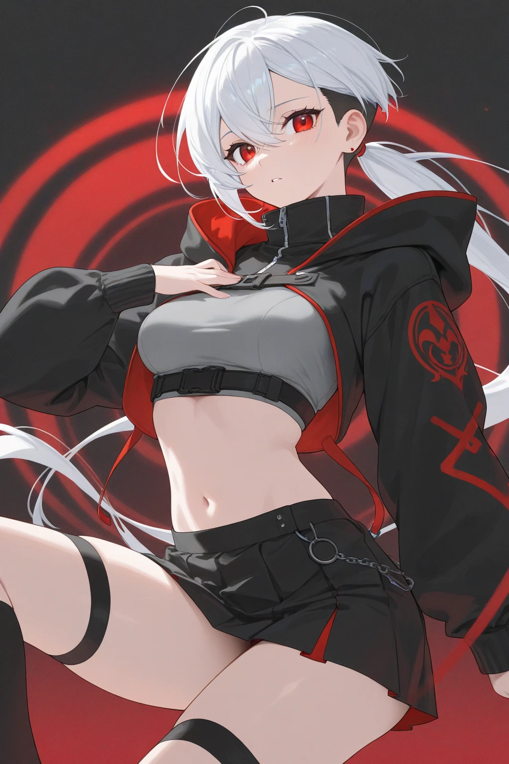 Beautuful Women， White hair， red eyes， nabel， looking at viewert， hand on hips， black black jacket， dolphinshorts， groin， （white  shirt：1.2）， pigtails， Very long hair， Wide buttock， underbust，The shirt， The large\（BodyProportions\）