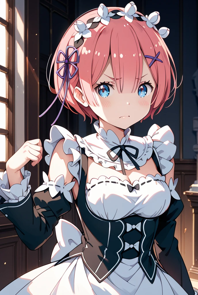 (((Pixel perfect, Perfect details))), alone, 1 girl, Memory, Roswaal mansion maid uniform, Maid tiara, looking at the audience, Keep your mouth shut,(grabbing the breasts:1.4),Breasts squeezed together,