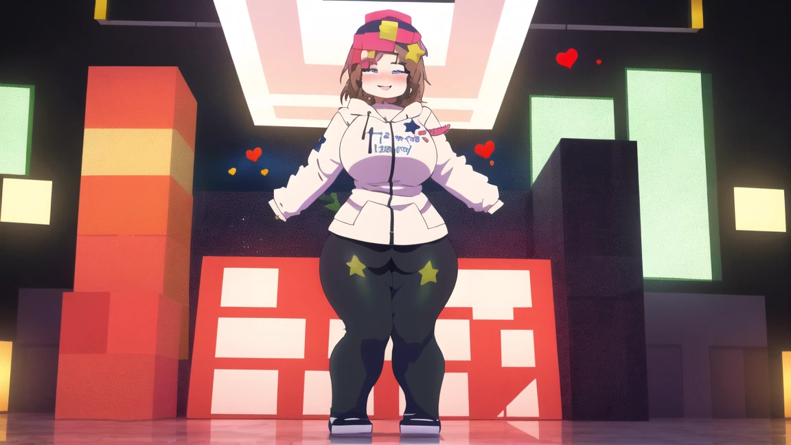 manyakis art style, a masterpiece cartoon of a girl posing, masterpiece, best quality, studio quality, full body, brown hair, heart pupils, hoodie,