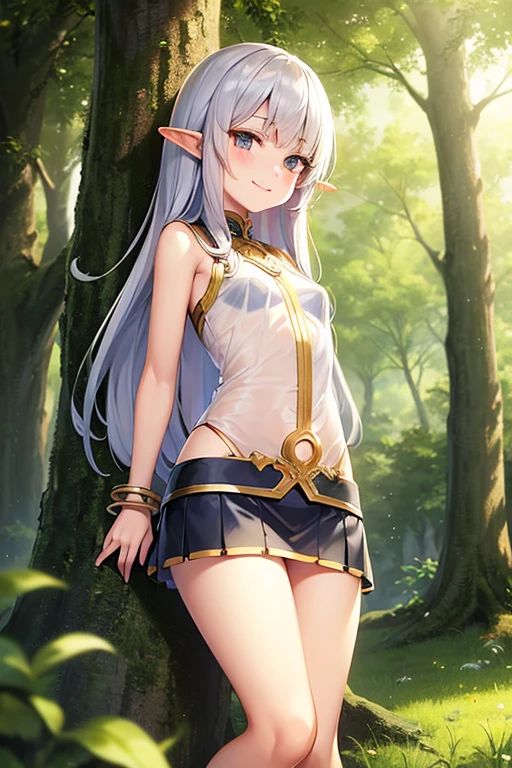 White long hair, pointed ears, flat chest,earrings,Female elves,Sleeveless mini dress,Bare arms,underwear,Bracelet,Boulders,woods